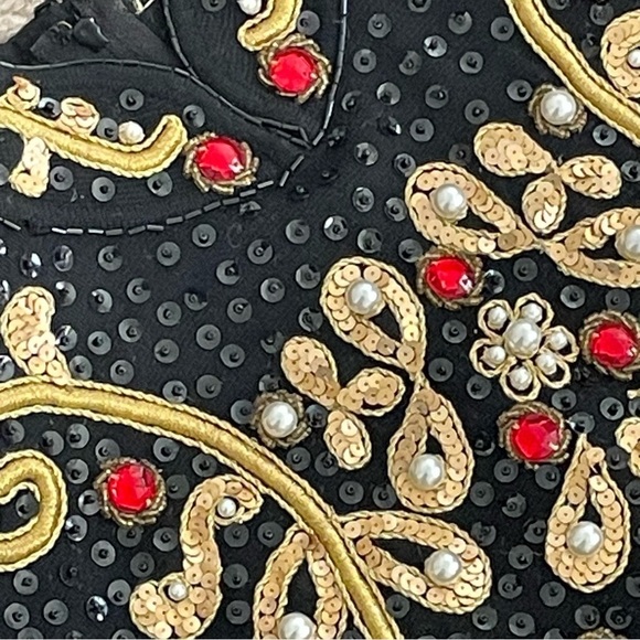 Vintage 80s black wool embellished peplum dress Ciao Ltd stones pearls sequins - Picture 4 of 11